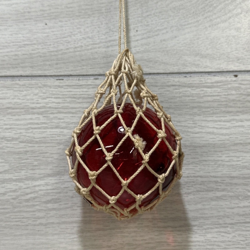 Vintage Japan 1960sHand Blown 3" Glass Fishing Float Buoy w/ 12" Netting Red